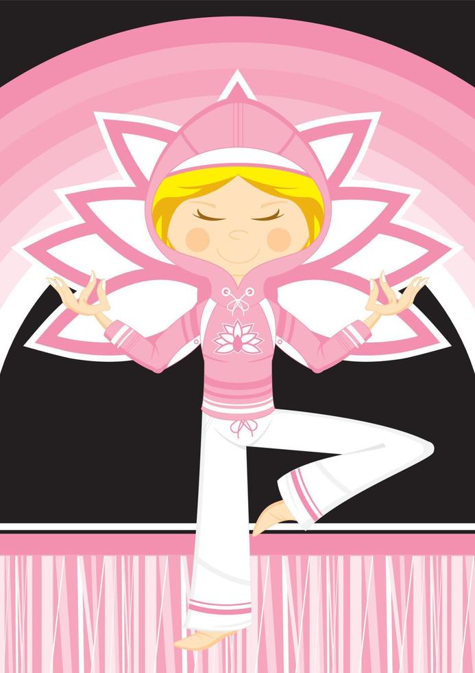 fofa desenho animado meditando ioga menina dentro moletom com capuz ilustração vetor