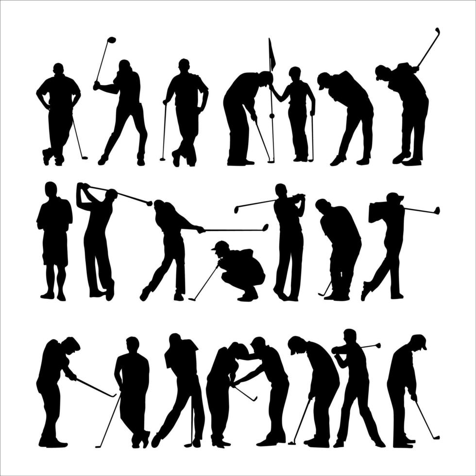 golfe esporte masculino pessoa silhueta ícone ilustração conjunto vetor