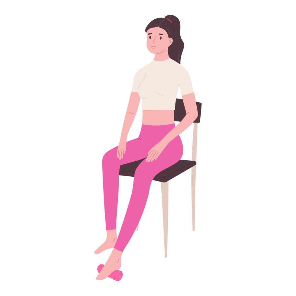 mulher sentado e exercício com pé rolo - plano vetor ilustração isolado em branco fundo. inteligente ginástica dar certo. ioga e pilates equipamento. fisioterapia e reabilitação.