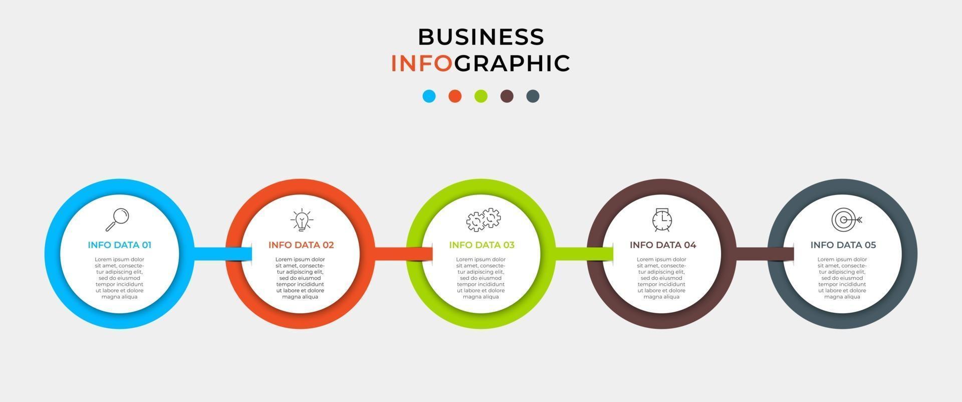 modelo mínimo de infográficos de negócios. linha do tempo com 5 etapas, opções e ícones de marketing. Infográfico linear de vetor com dois elementos de círculo conectado. pode ser usado para apresentação