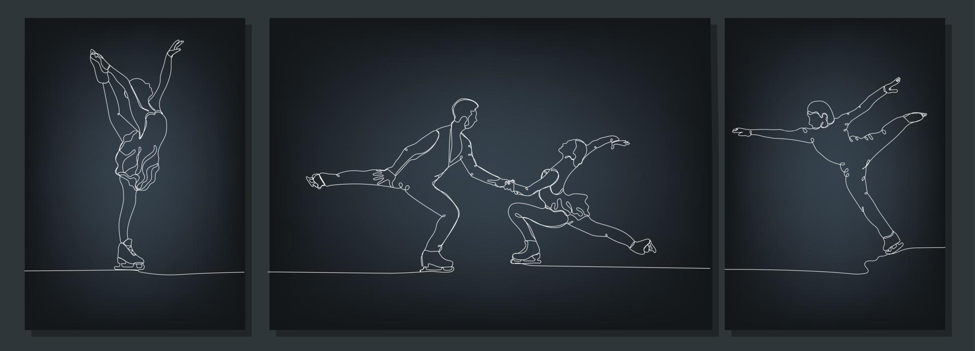 conjunto do cartazes com contínuo linha desenhando do figura patinação em Sombrio fundo vetor