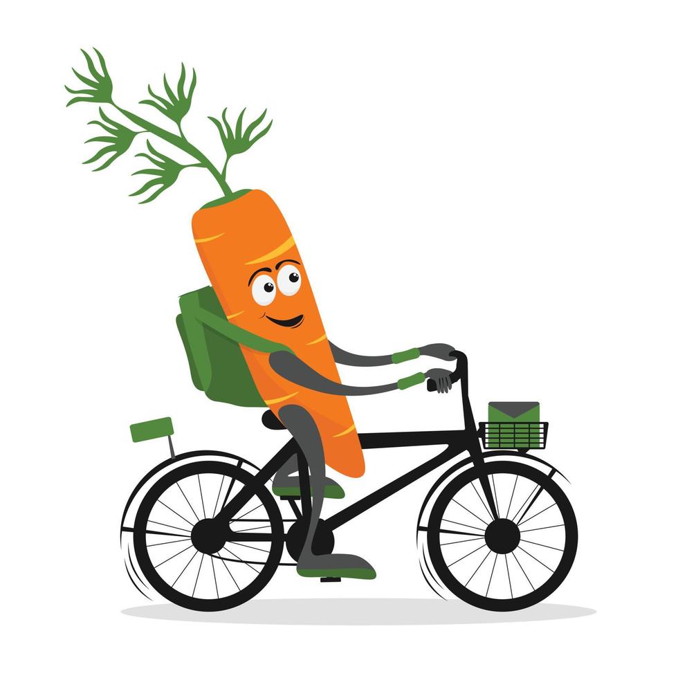 Entrega serviço composição com fofa cenoura correio motociclista desenho animado personagem. cenoura correio em bicicleta ou lambreta. plano vetor ilustração
