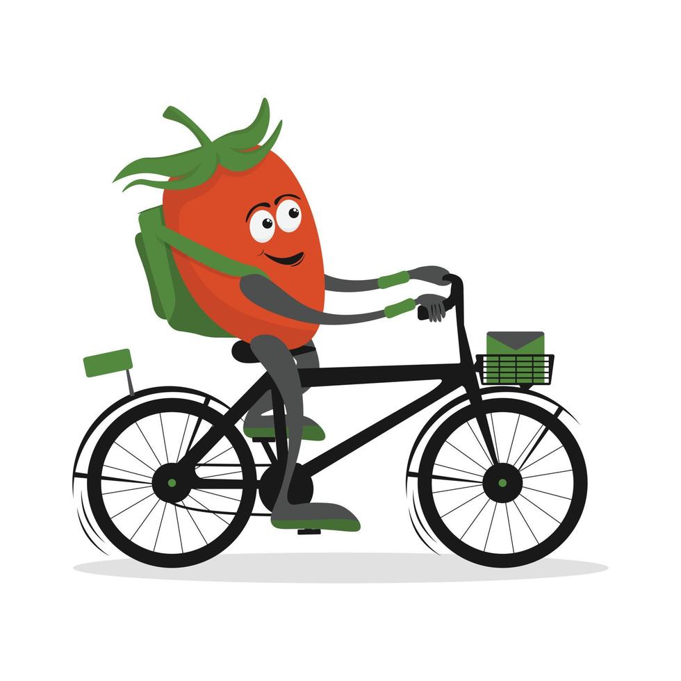Entrega serviço composição com fofa tomate correio motociclista desenho animado personagem. tomate correio em bicicleta ou lambreta. plano vetor ilustração