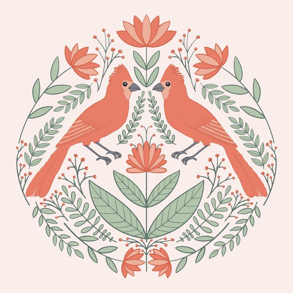 simétrico enfeite com pássaros, flores e folhas com diferente folk composições. motivo dentro escandinavo estilo. étnico plano ilustração com papel textura dentro na moda cores. vetor