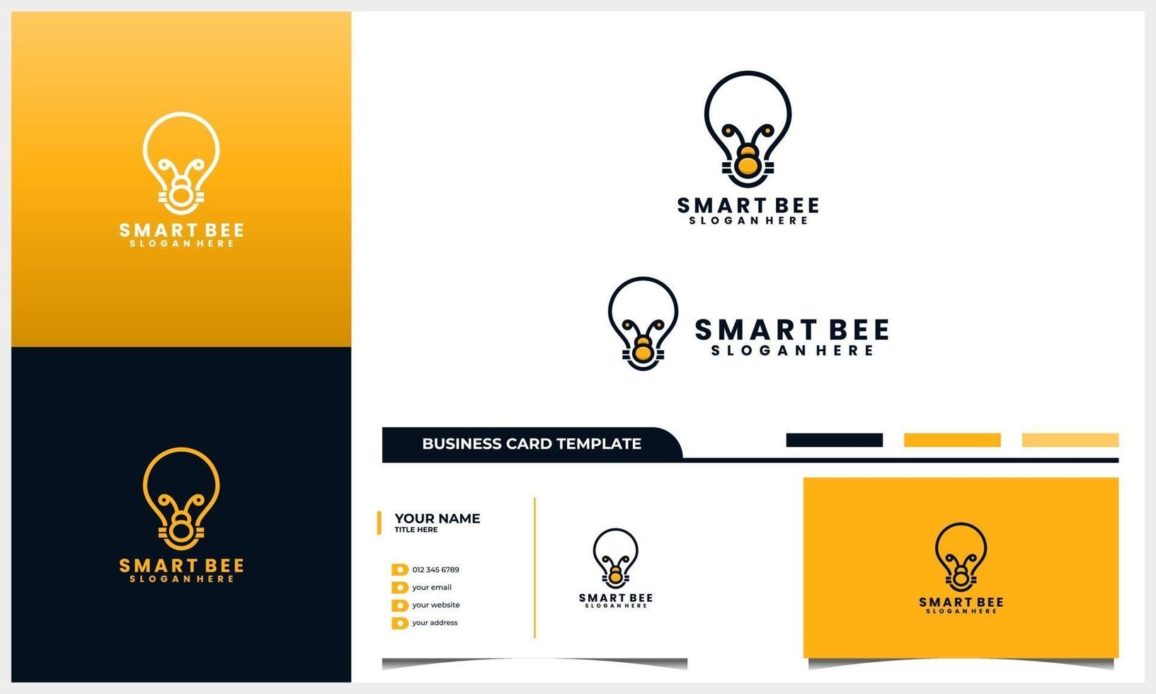 abelha de mel com conceito de logotipo de lâmpada inteligente e conjunto de modelo de cartão de visita vetor