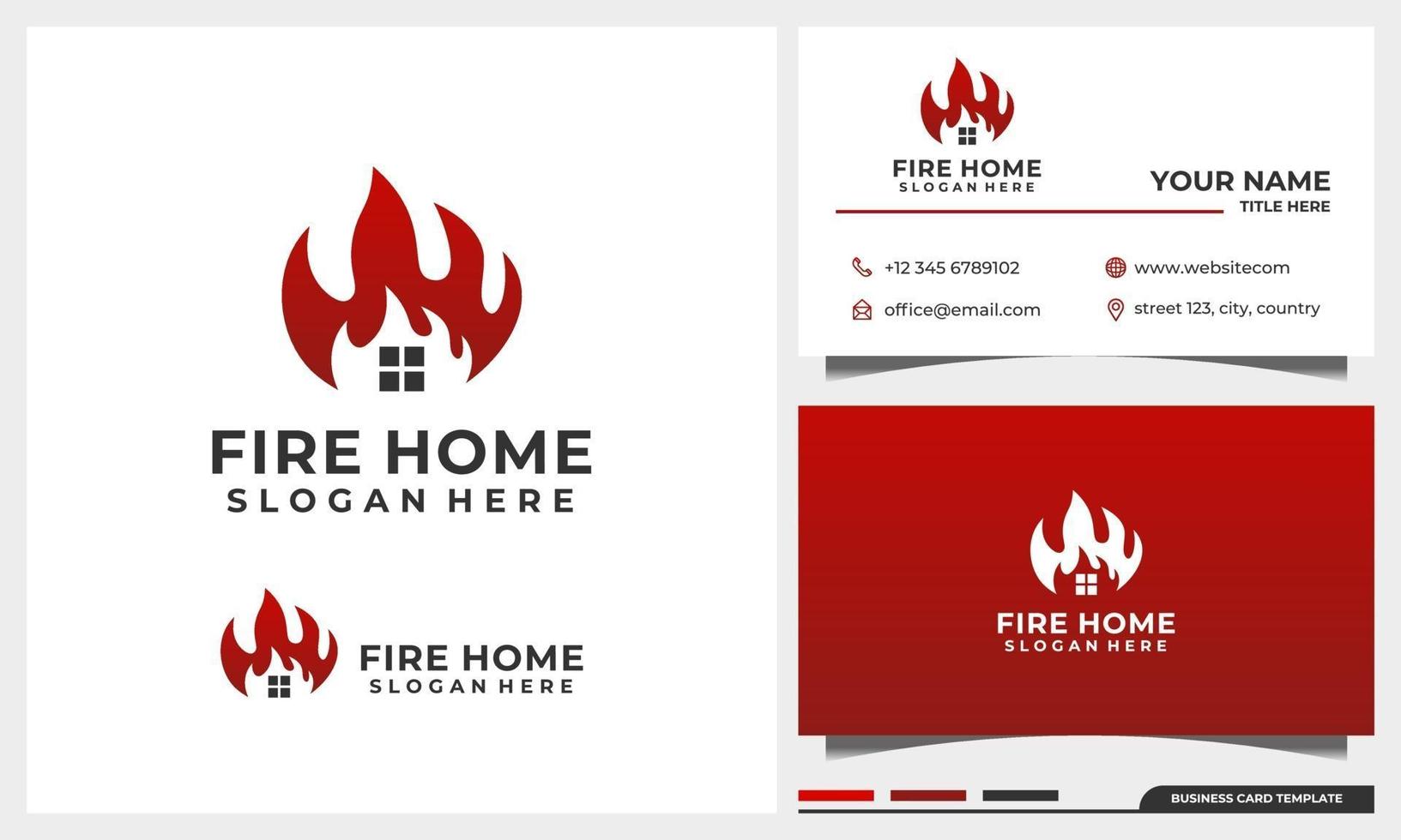 design de logotipo fogo e chama com conjunto de conceito de casa e casa e modelo de cartão de visita vetor