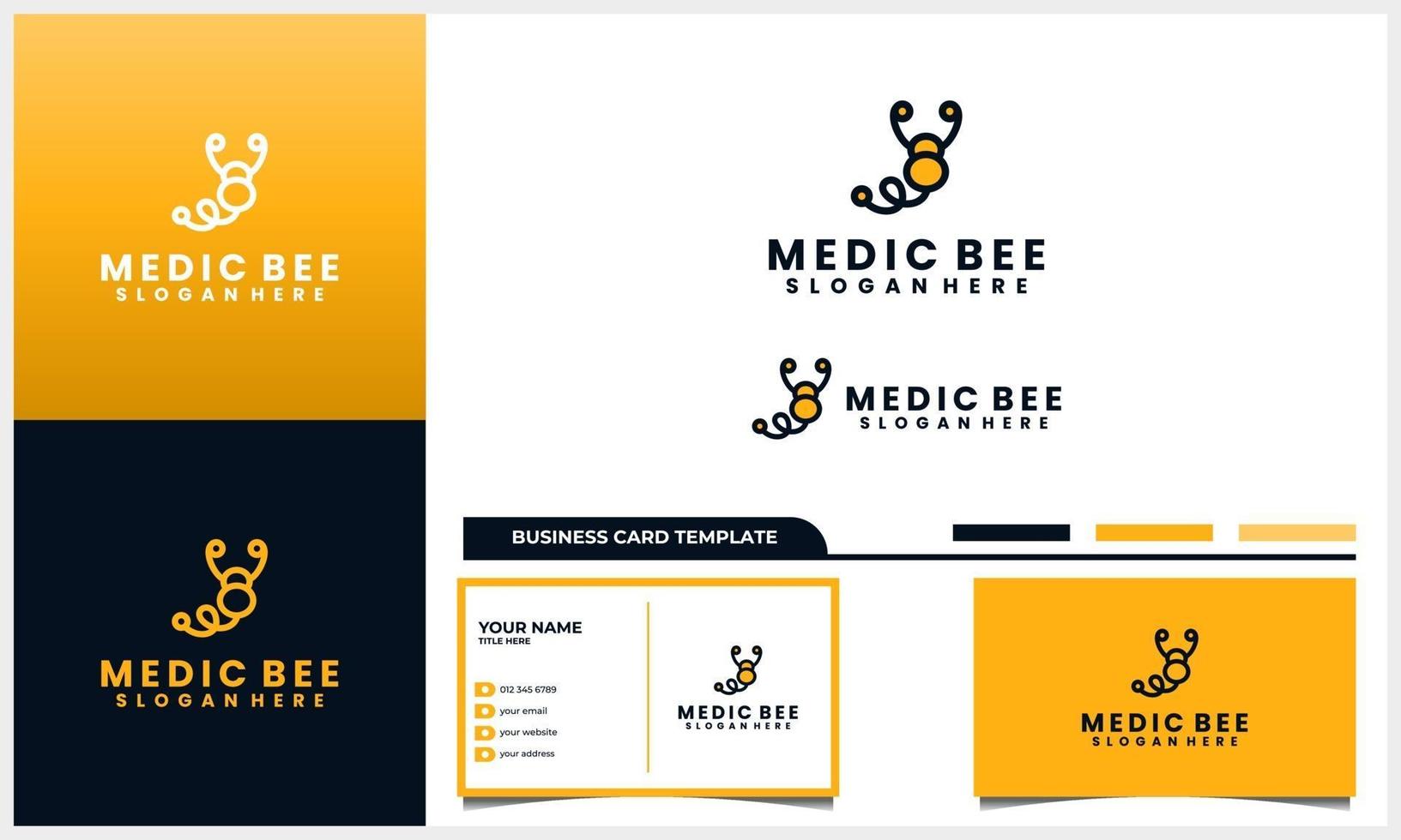 abelha de mel com conceito de logotipo de estetoscópio médico e conjunto de modelo de cartão de visita vetor