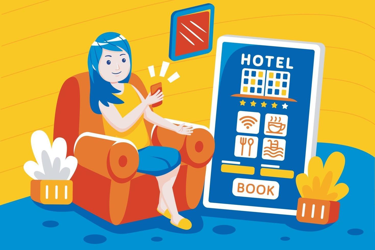 jovem reservando um hotel online com o aplicativo móvel. vetor