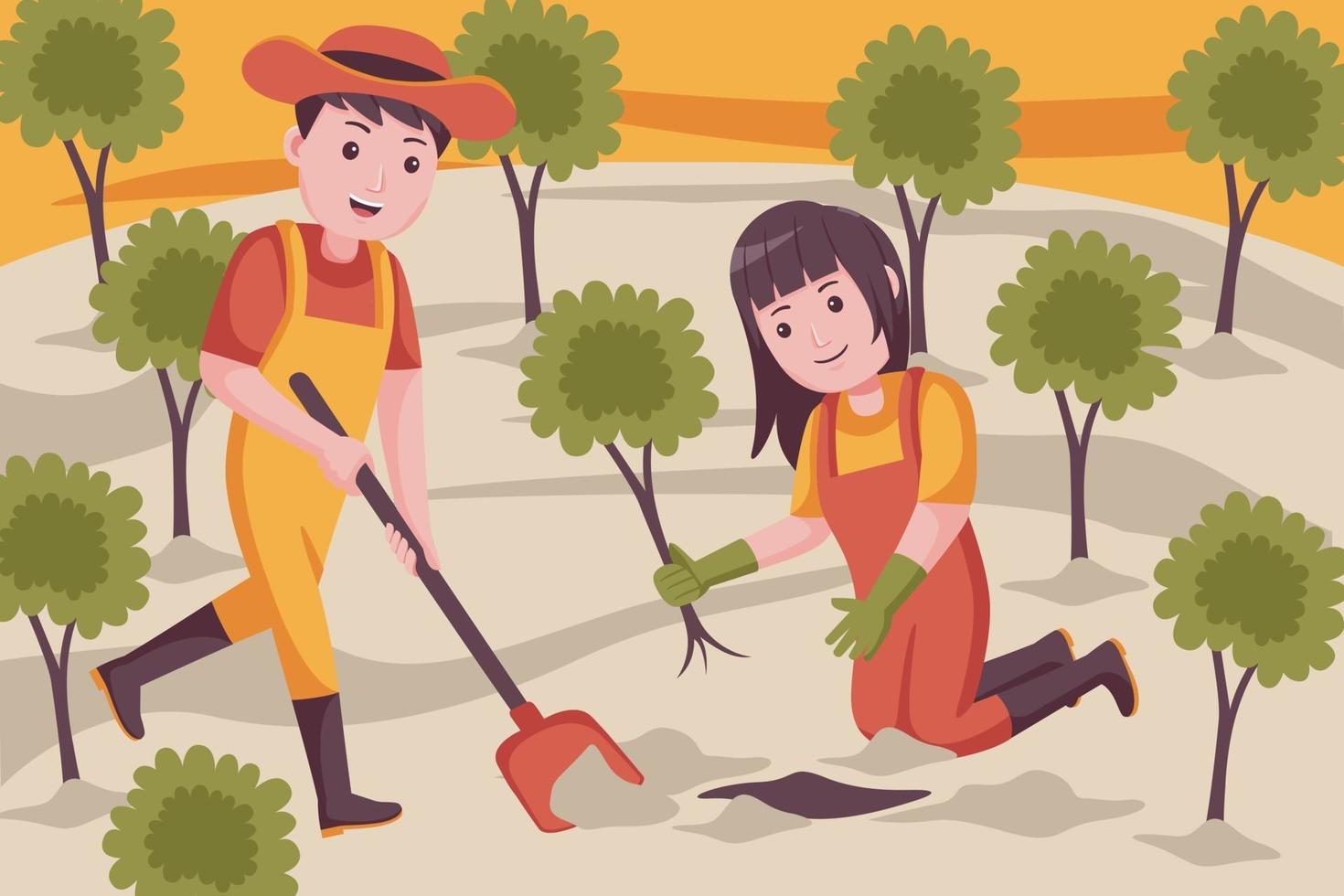 casal de agricultores cavando o solo para o plantio de plantas. vetor