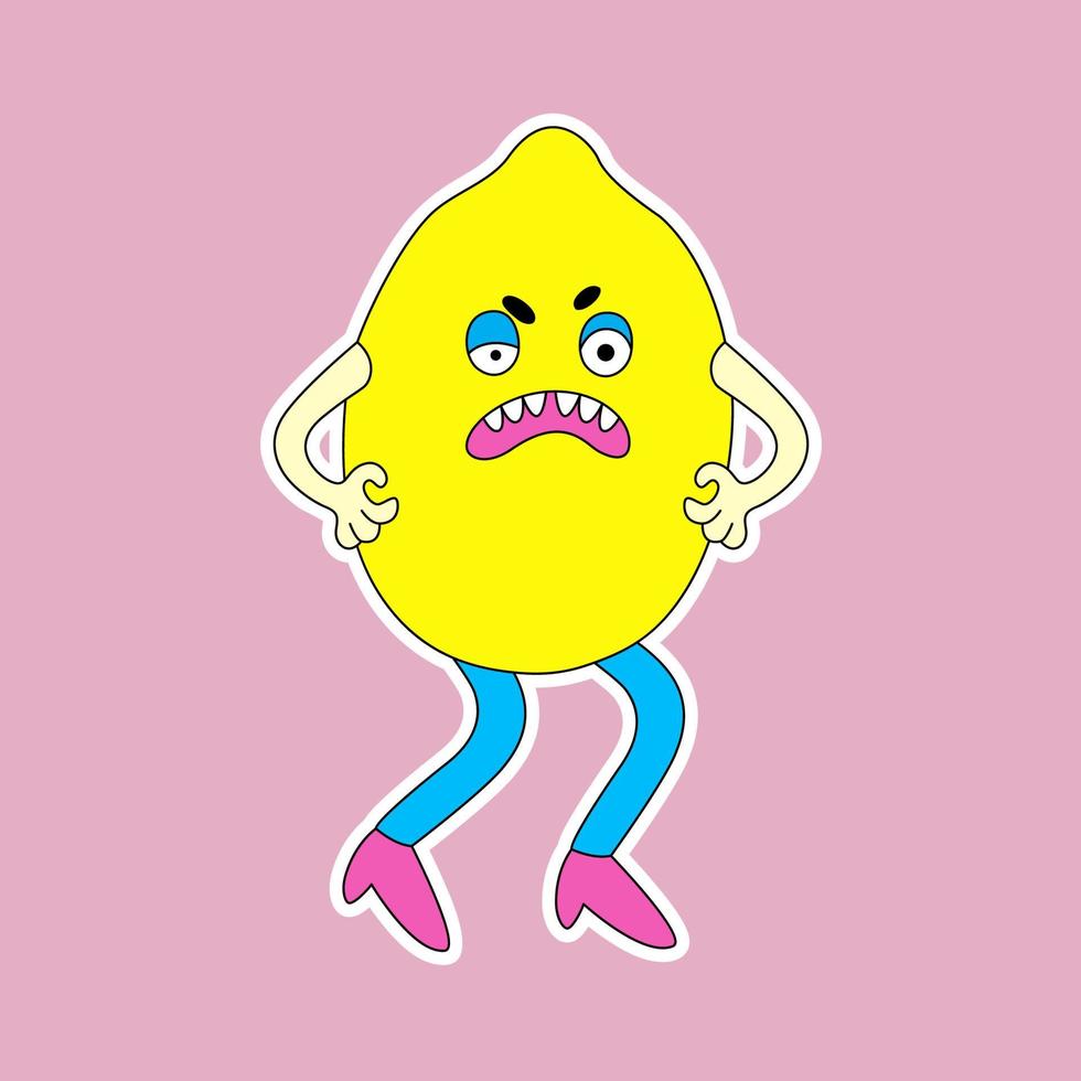 engraçado desenho animado personagem limão com a emoção do raiva. fofa fruta adesivo dentro retro estilo. vetor