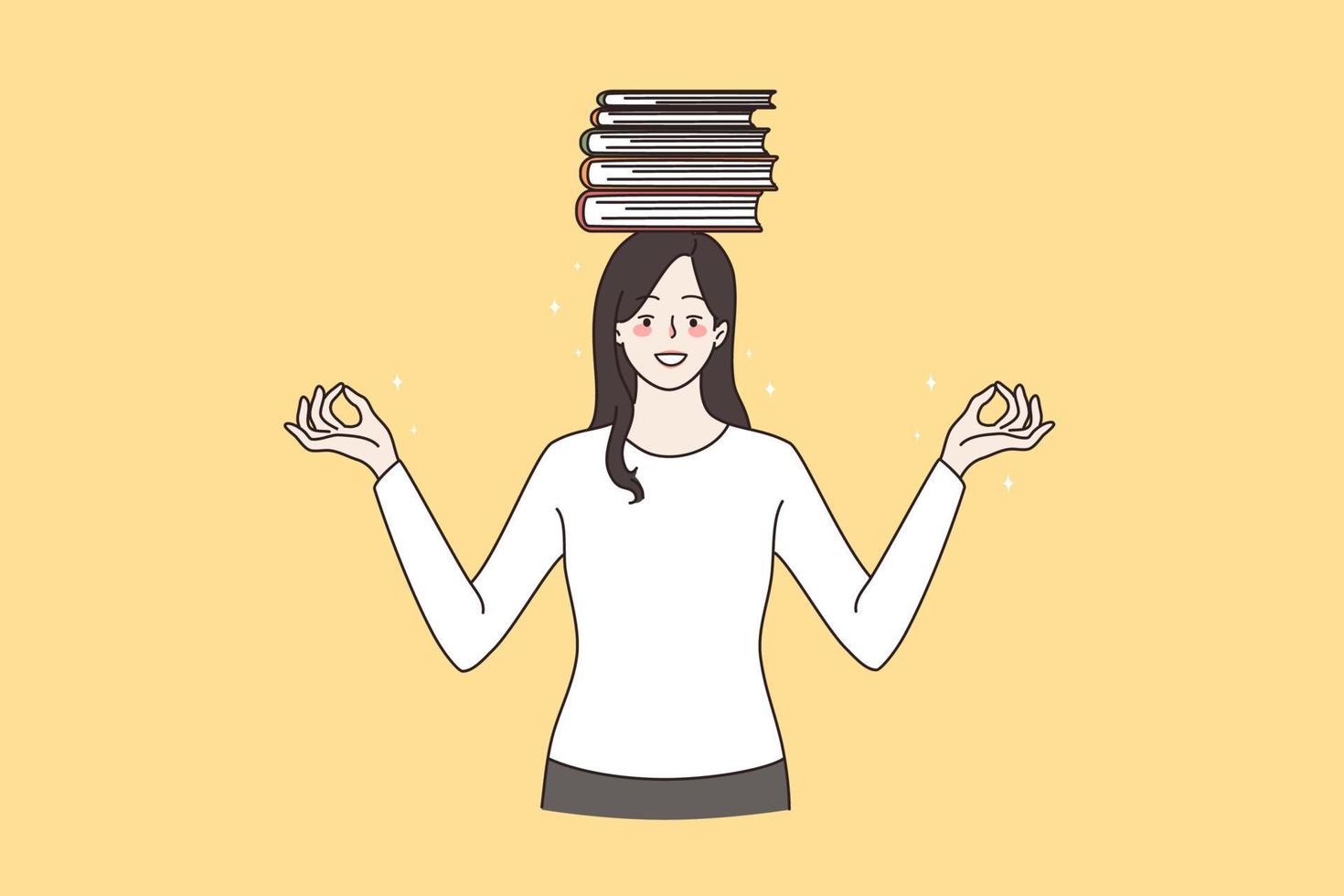 preparação para exame e Educação conceito. jovem sorridente mulher em pé com cruzado dedos segurando pilha do livros em cabeça vetor ilustração