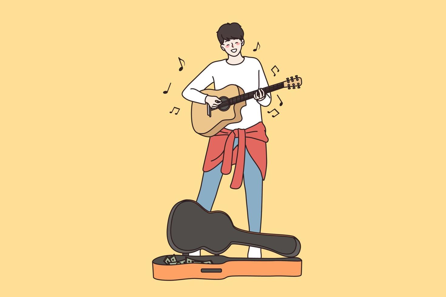 rua desempenho e implorando conceito. jovem feliz masculino guitarrista desenho animado personagem em pé busking de jogando guitarra dentro cidade cantando música vetor ilustração