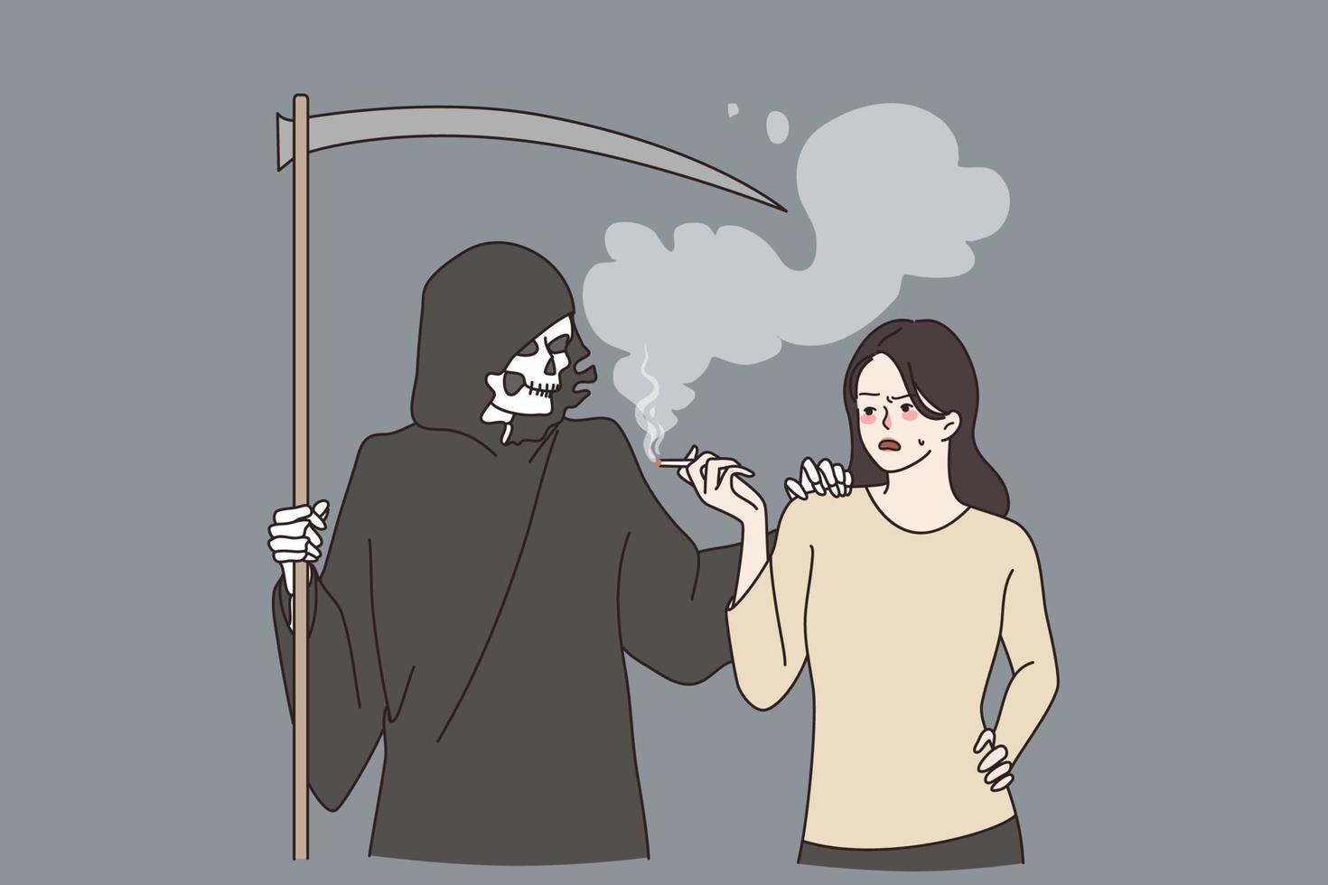 vício para fumar e morte conceito. morte personagem dentro de capuz em pé Próximo para mulher iluminação cigarro viciado para fumar vetor ilustração