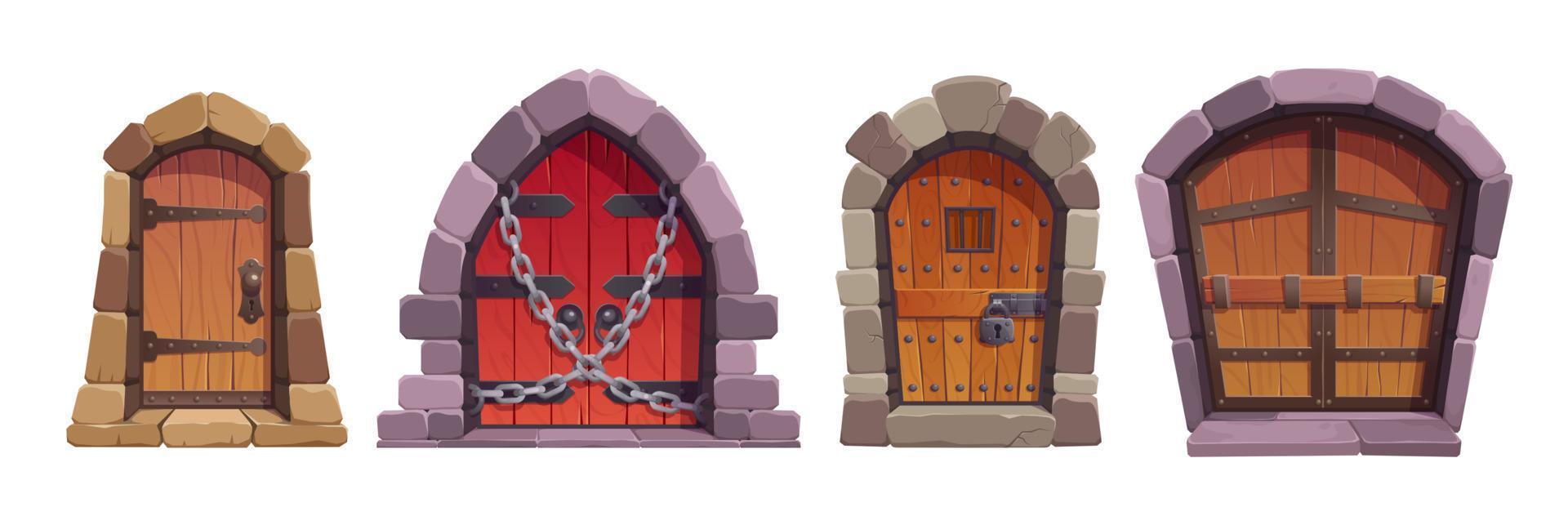 desenho animado conjunto do medieval castelo ou masmorra portas vetor