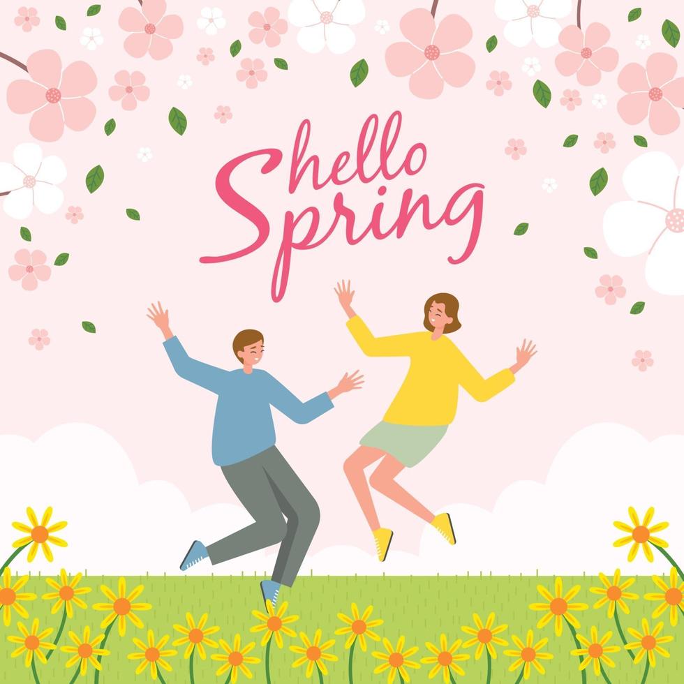 olá primavera, homens e mulheres celebram a primavera vetor