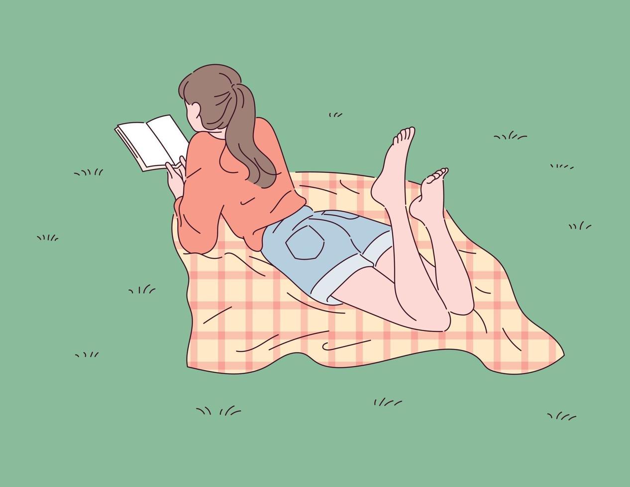 uma garota está deitada no gramado e lendo um livro. vetor
