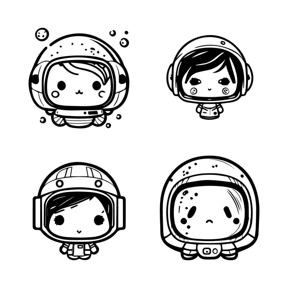 uma fofa e kawaii coleção conjunto do mão desenhado astronauta logotipos, apresentando adorável personagens dentro trajes espaciais e cósmico acessórios vetor