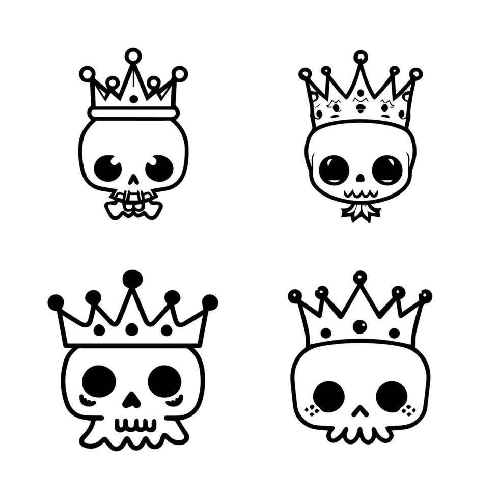fofa kawaii crânio cabeça com coroa coleção conjunto mão desenhado ilustração vetor