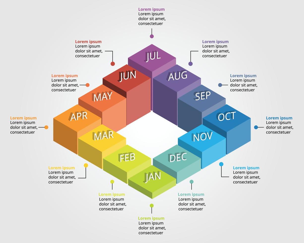 quadrado gráfico modelo com meses para infográfico para apresentação para 12 elemento vetor