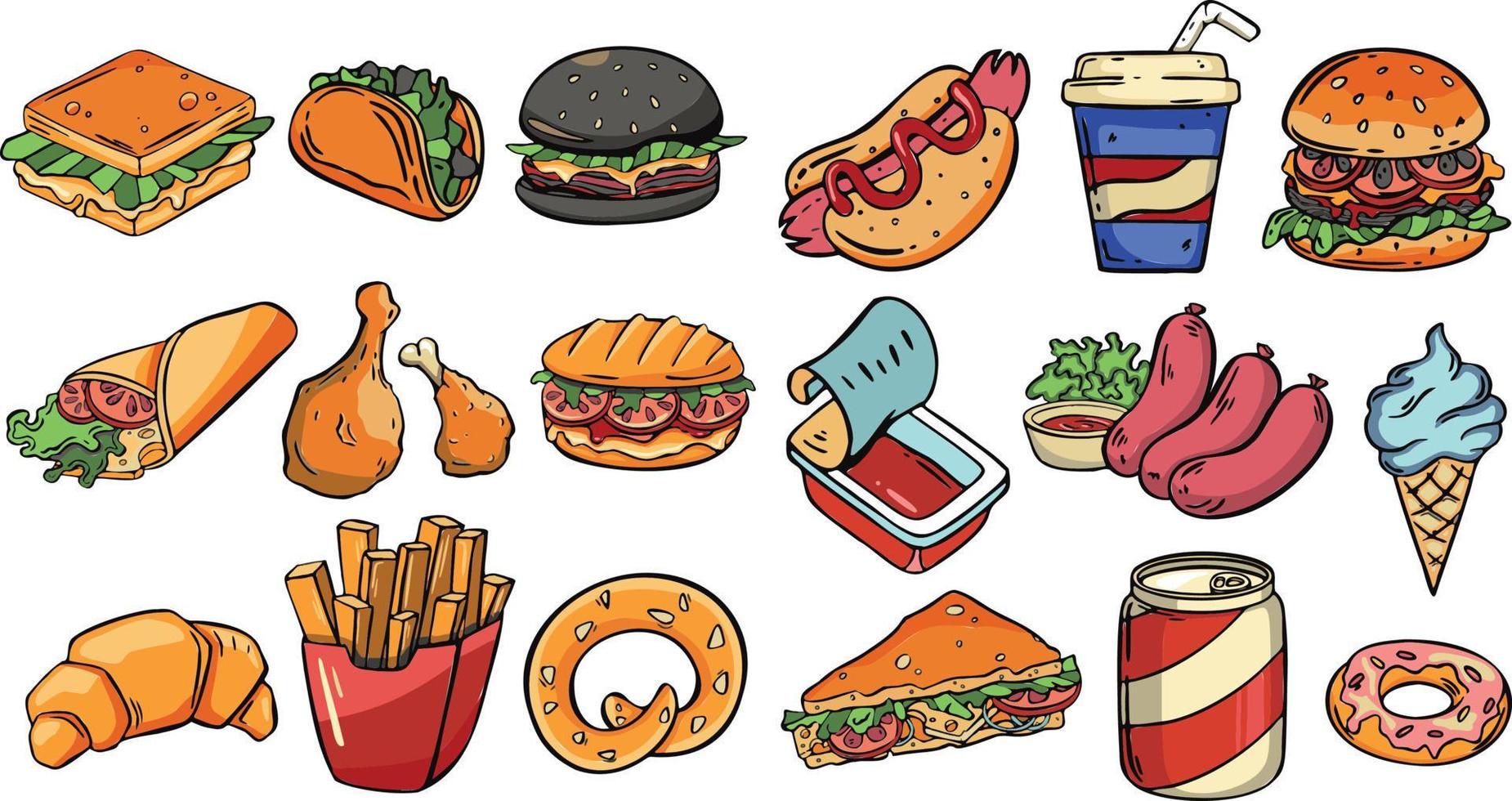 refeições de fast food definem o vetor de coleção. banner de coleção detalhada realista com cachorro-quente, hambúrguer, sanwich, batatas fritas, donuts, sorvete, pipocas.