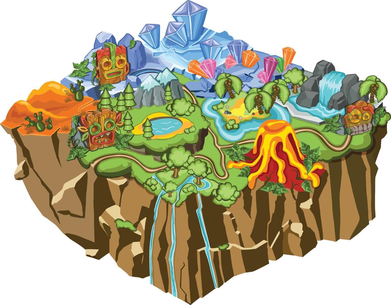 tropical natural panorama isométrico jogos modelo, montanhas, vulcões, cachoeiras. vetor ilustração