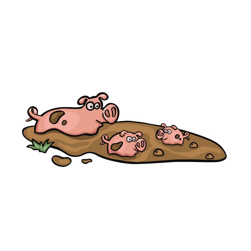 desenho animado colori porco com leitões dentro a lama vetor