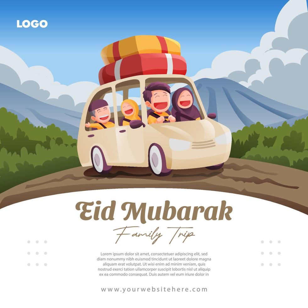 muçulmano família dentro carro viagem para cidade natal durante eid Mubarak social meios de comunicação postar modelo vetor