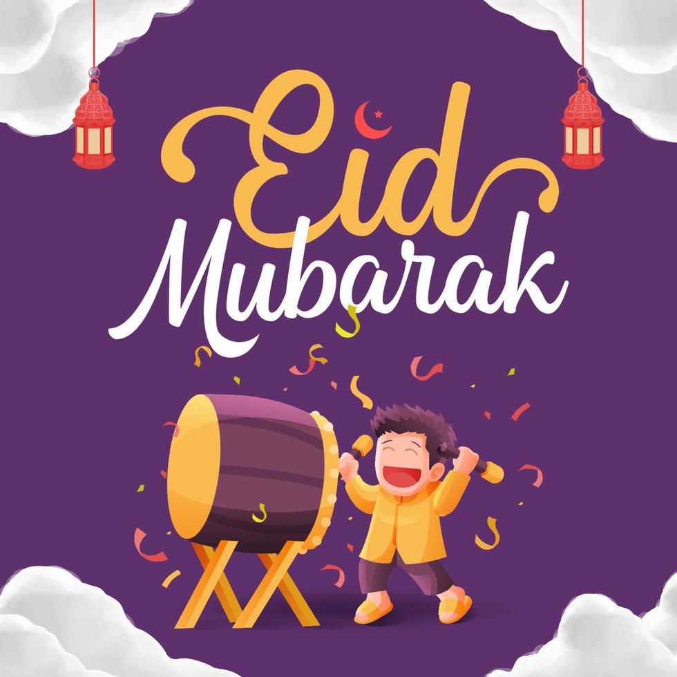 eid Mubarak caligrafia com muçulmano criança jogando tambor ou cama ilustração vetor