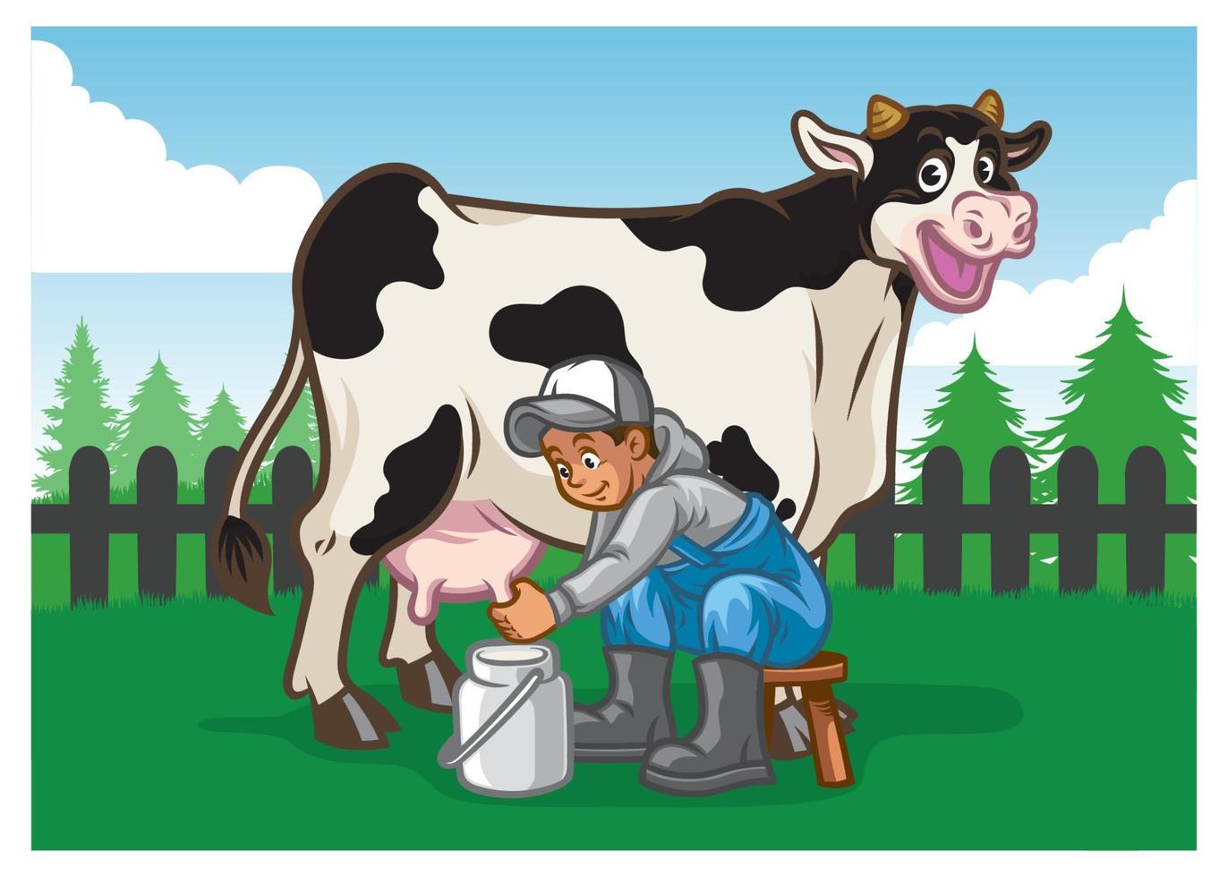 feliz vaca ilustração enquanto a agricultor ordenha vetor
