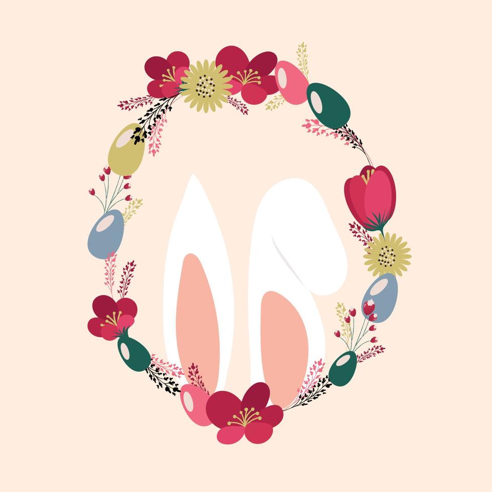 Rosa Coelho orelhas dentro uma em branco fundo com colorida flores Páscoa Projeto. vetor