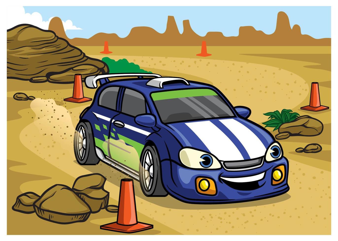 desenho animado comício carro dirigir dentro a deserto vetor