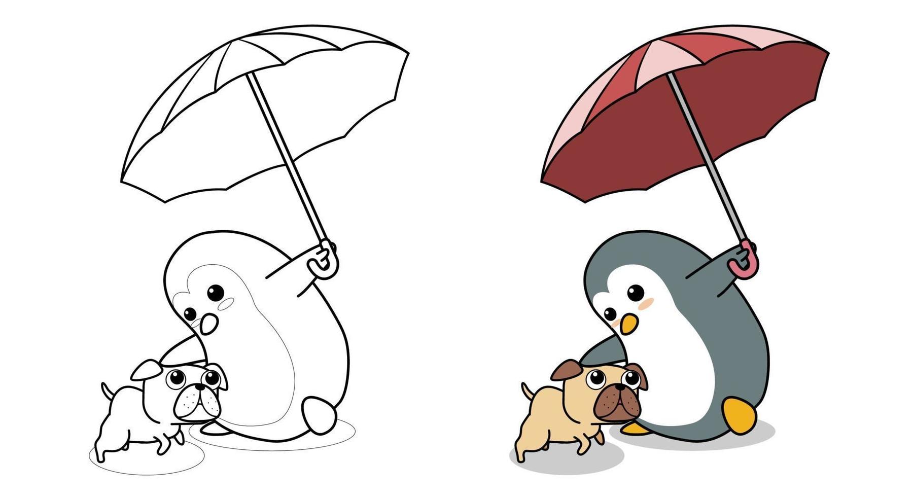 adorável pinguim está segurando guarda-chuva com uma página para colorir de desenho de cachorro para crianças vetor