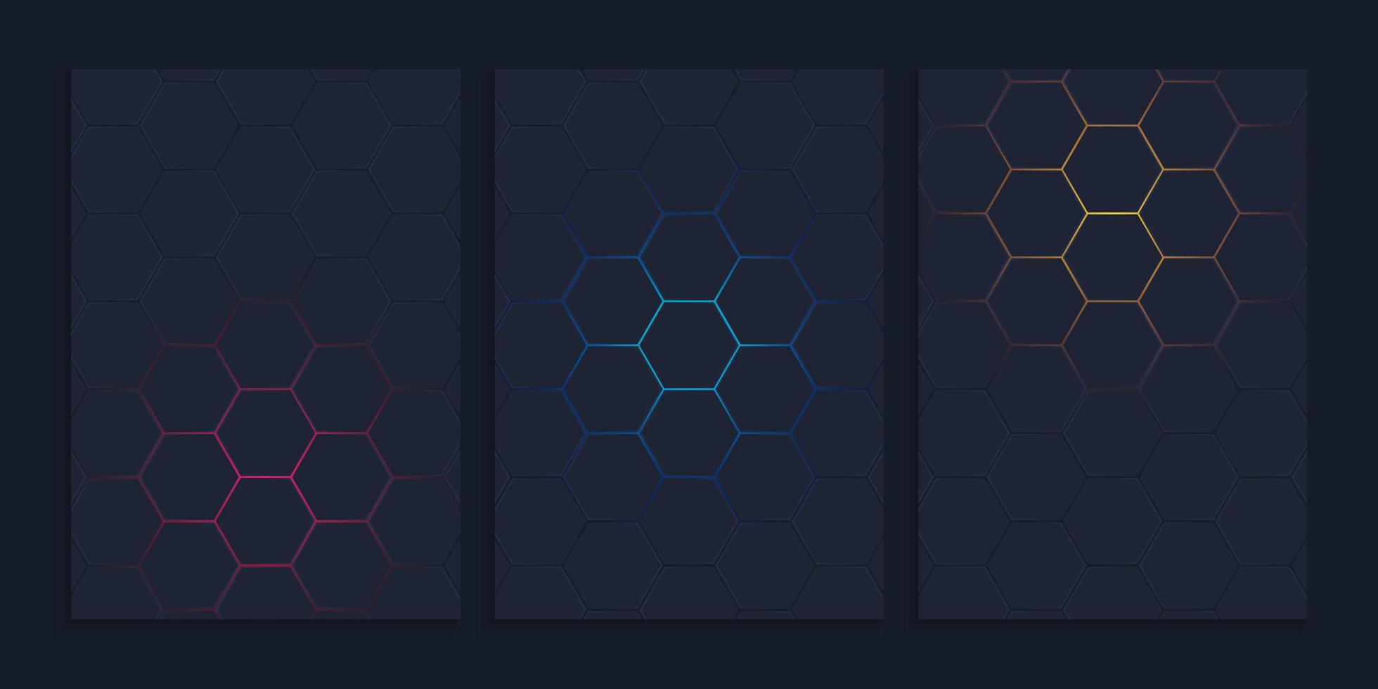 design de capa hexagonal escura com cores gradientes vetor