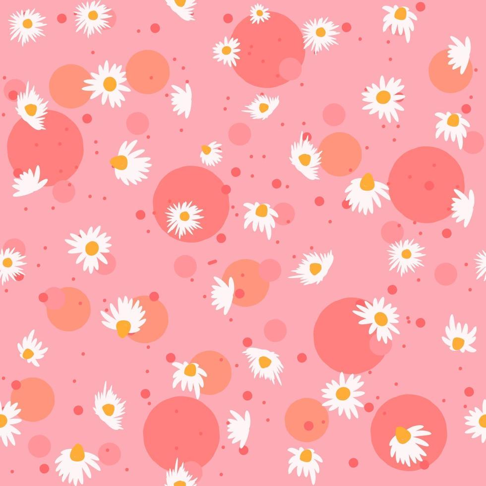 padrão sem emenda de primavera com flores de camomila e bolhas cor de rosa. fundo feminino e floral repetitivo com flores brancas. papel de embrulho à base de ervas. vetor