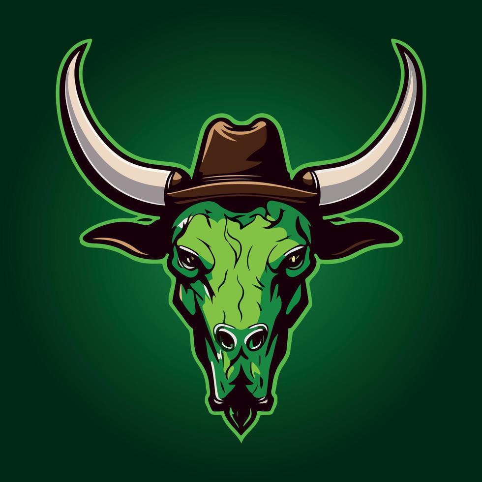 verde touro com uma vaqueiro chapéu esports mascote logotipo vetor ilustração