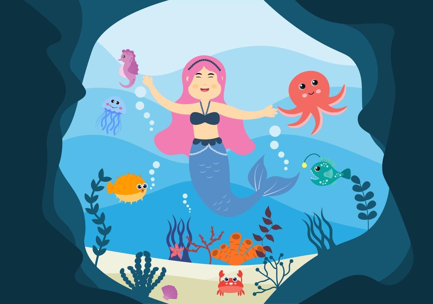 ilustração vetorial de sereia subaquática personagens de desenhos animados de animais marinhos fofos, juntamente com peixes, tartarugas, polvos, cavalos-marinhos, caranguejos vetor