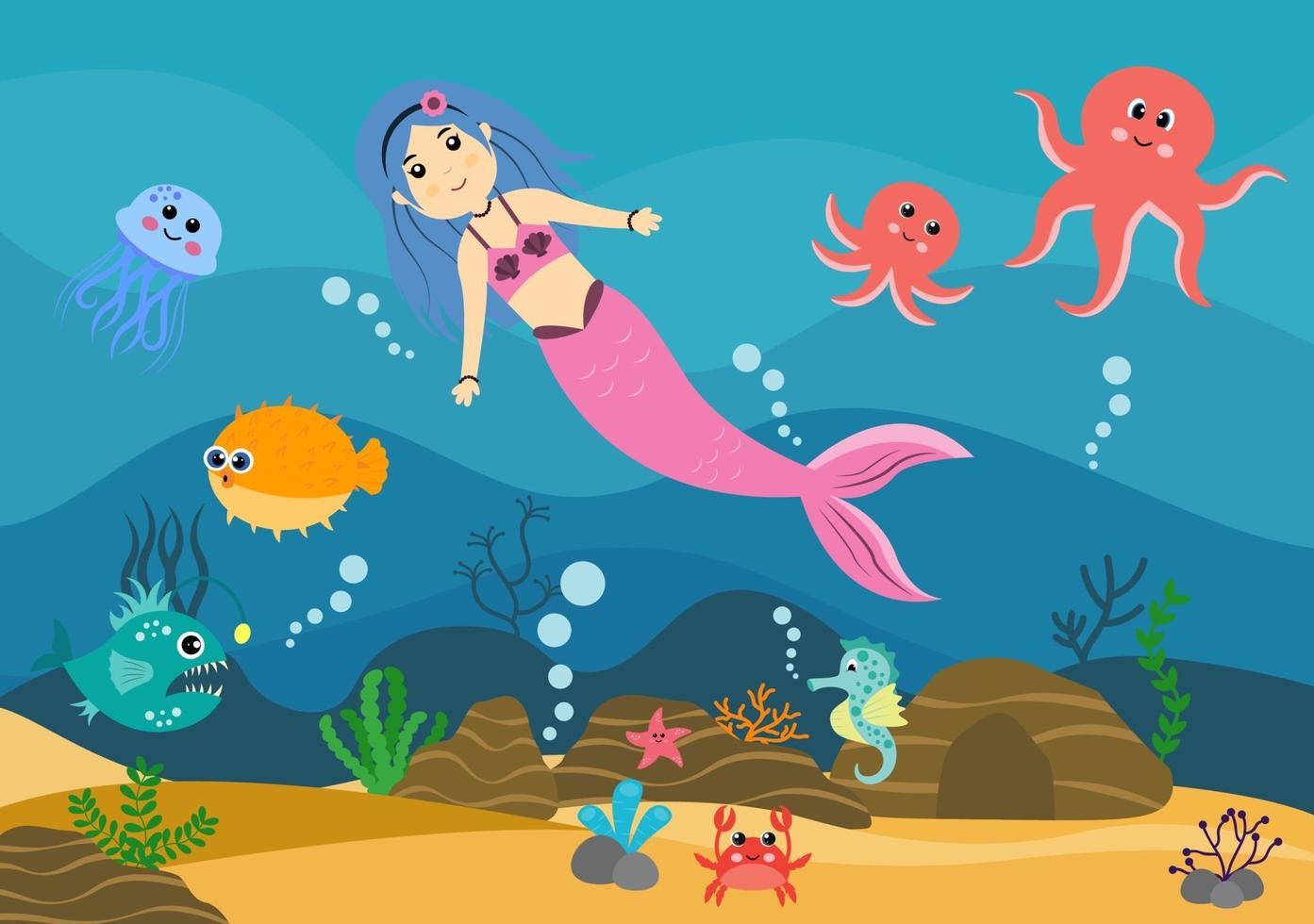 ilustração vetorial de sereia subaquática personagens de desenhos animados de animais marinhos fofos, juntamente com peixes, tartarugas, polvos, cavalos-marinhos, caranguejos vetor