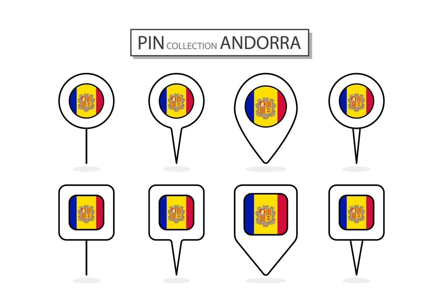 conjunto do plano PIN andorra bandeira ícone dentro diverso formas plano PIN ícone ilustração Projeto. vetor