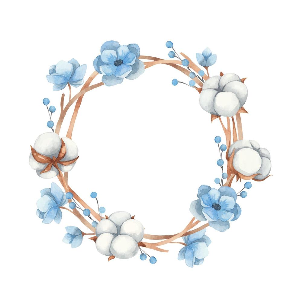 coroa de flores em aquarela de flores de algodão, galhos e flores de anêmona azul vetor