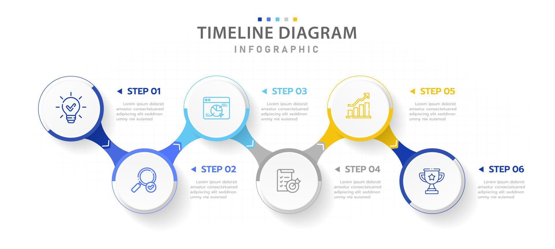 infográfico modelo para negócios. 6 passos moderno Linha do tempo diagrama roteiro com conectado caminho círculos, apresentação vetor infográfico.
