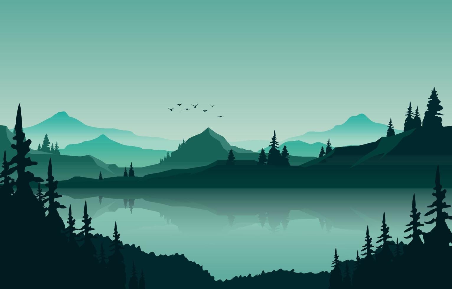 paisagem da montanha do lago em ilustração plana monocromática verde vetor