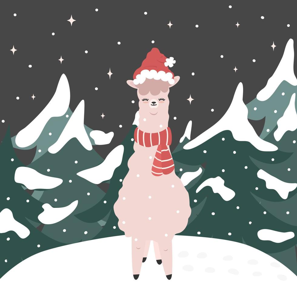 fofa Natal desenho animado personagem lhama dentro a neve com vermelho santa claus chapéu e cachecol engraçado inverno estação feriados vetor ilustração para cumprimento cartão