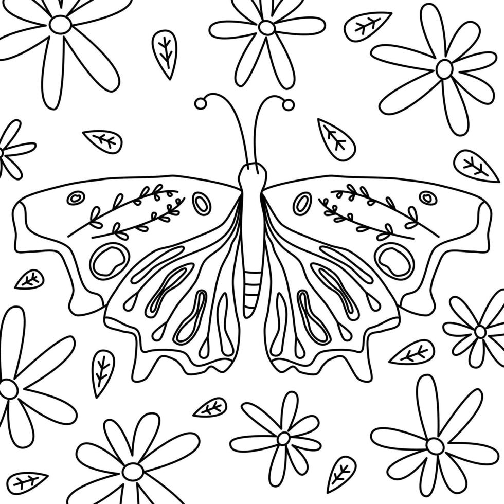 fofa Preto e branco vetor arte Projeto com borboleta inseto, margarida flores e folhas mão desenhado ilustração para coloração livro