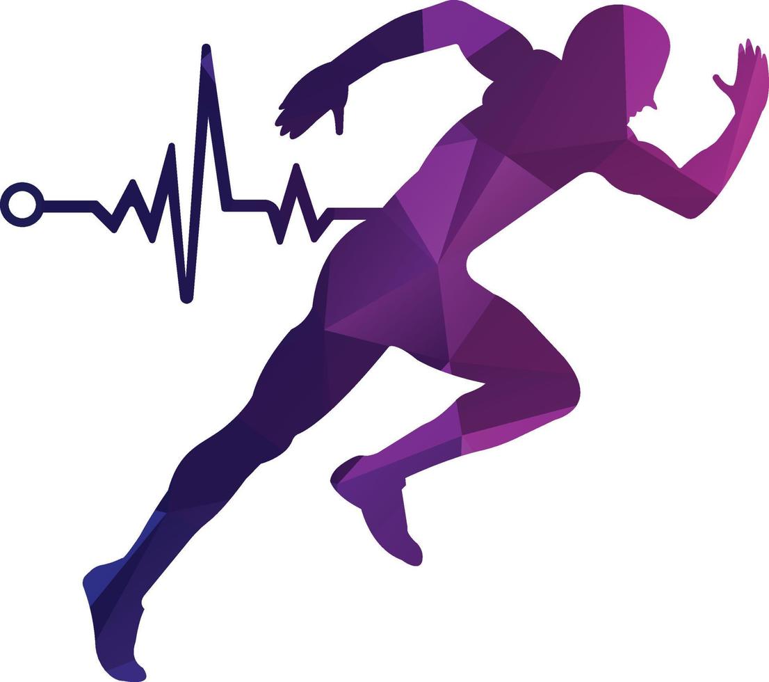vetor de ícone de design de logotipo de maratona de pulso. design de logotipo de cuidados de saúde do corpo. homem correndo com ícone de batimento cardíaco de linha ecg.