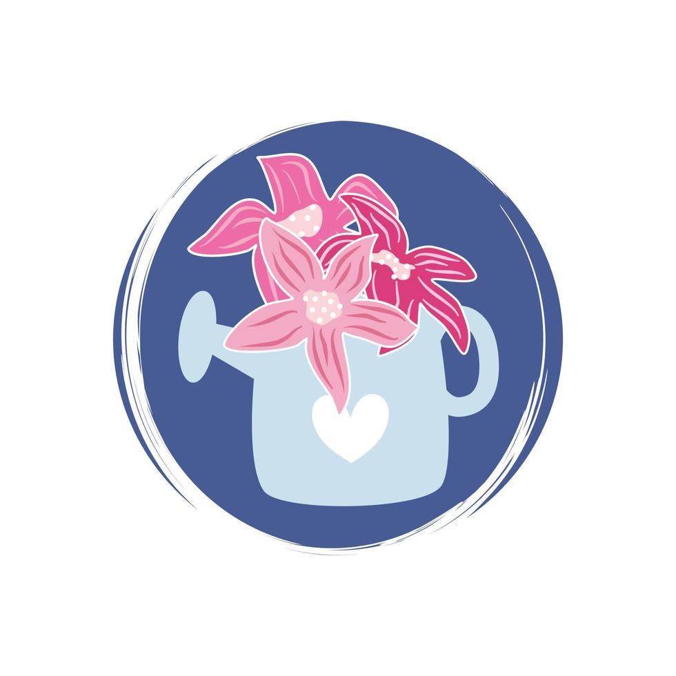 fofa logotipo ou ícone vetor com colorida flores ramalhete, e rega pode ilustração em círculo com escova textura, para social meios de comunicação história e realçar