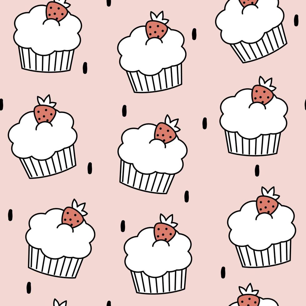 fofa adorável desenho animado delicioso Preto e branco bolos de copo com vermelho morangos desatado vetor padronizar ilustração em Rosa fundo