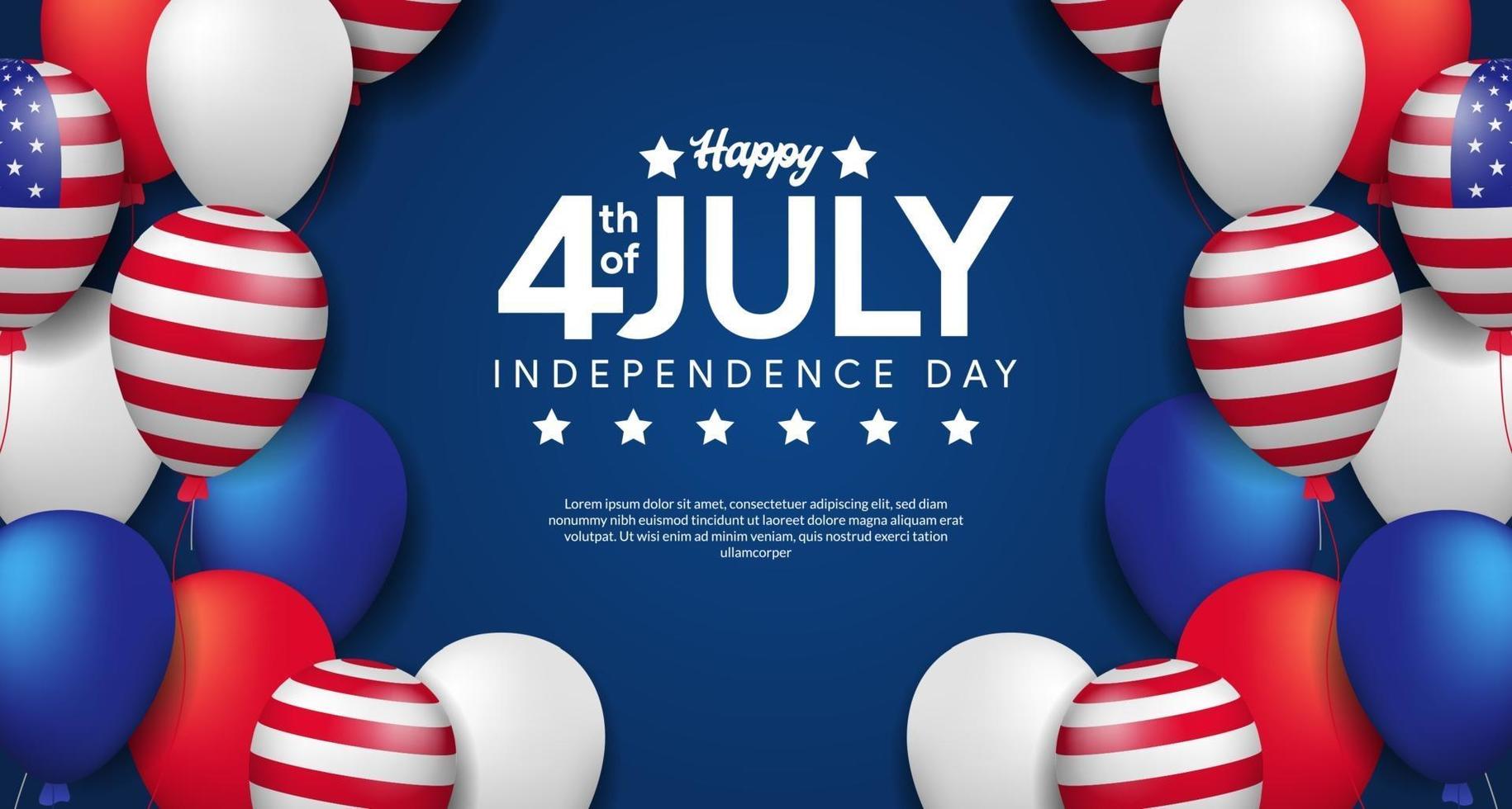 4 de julho, dia da independência americana com modelo de cartaz de festa em balão 3d vetor