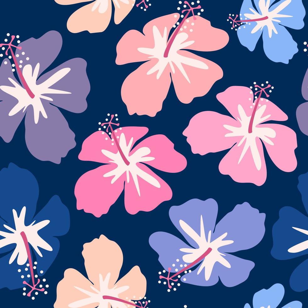 fofa mão desenhado abstrato desatado vetor padronizar ilustração com colorida hibisco flores em azul fundo