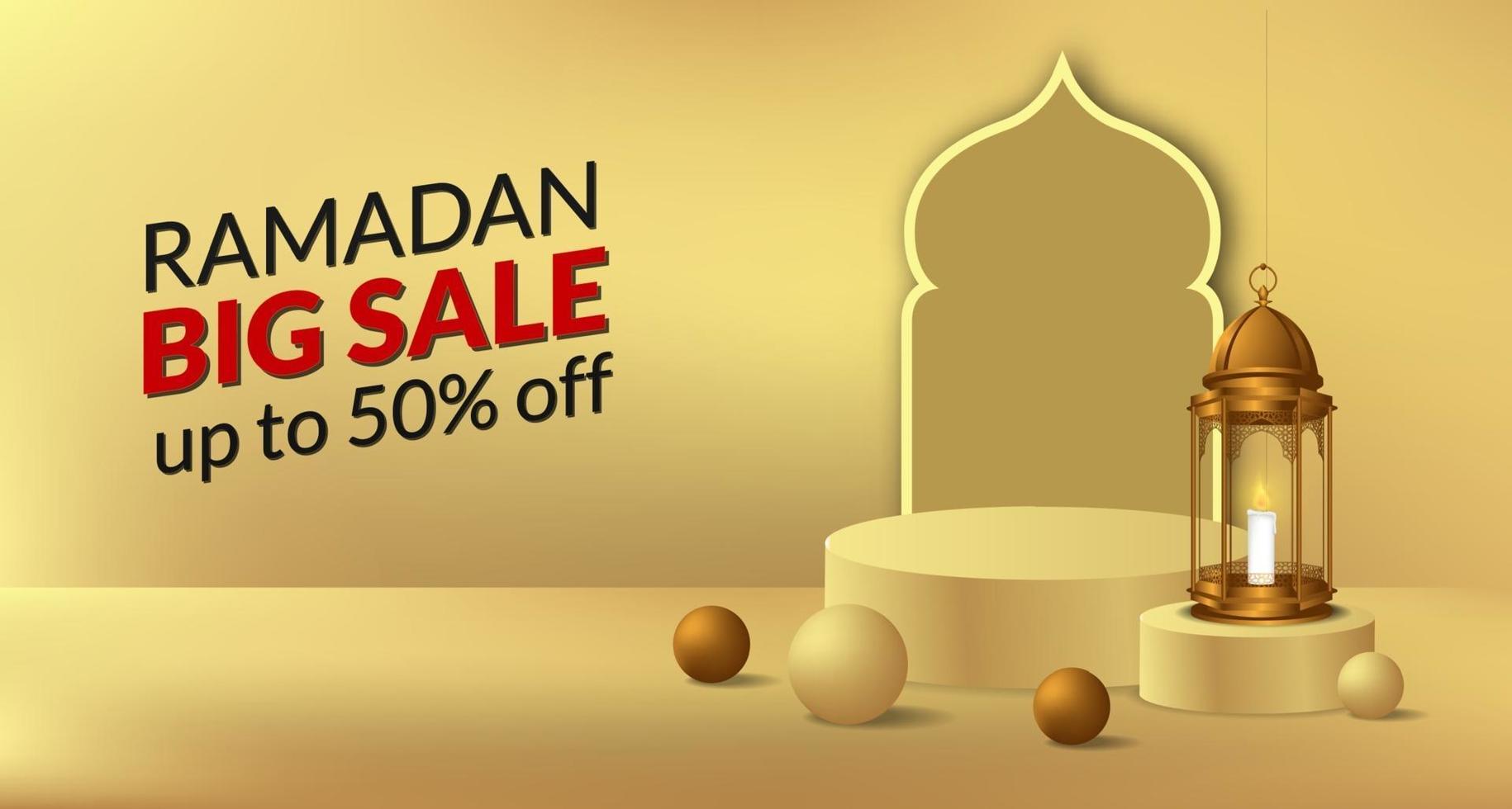 modelo de banner de oferta de grande venda de ramadan com display de palco e decoração de lanterna dourada 3D vetor