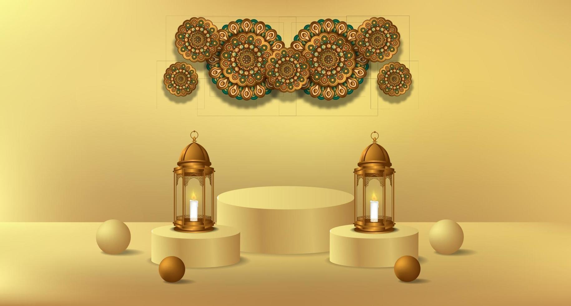 evento islâmico do ramadã com lanterna dourada e modelo de exibição de produto em pódio de cilindro vetor
